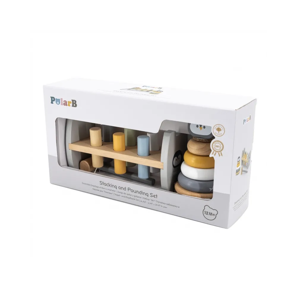 VIGA PolarB Zestaw Drewniana Piramidka + Przebijanka z Młoteczkiem Pingwinek Montessori