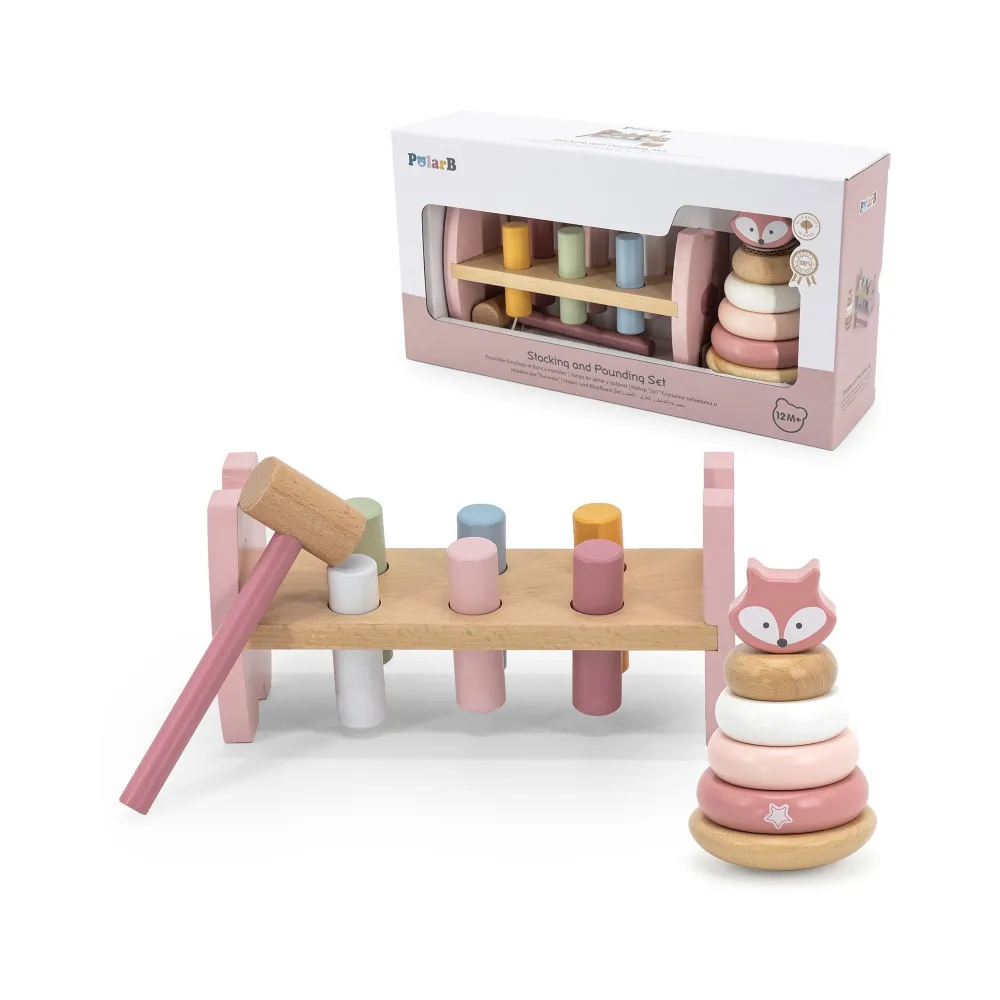 VIGA PolarB Zestaw Drewniana Piramidka + Przebijanka z Młoteczkiem Lisek Montessori