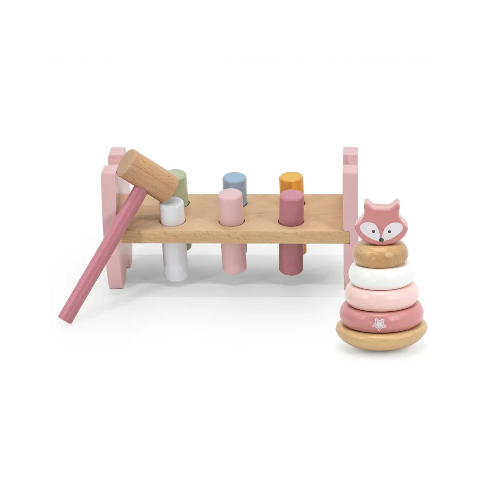 VIGA PolarB Zestaw Drewniana Piramidka + Przebijanka z Młoteczkiem Lisek Montessori