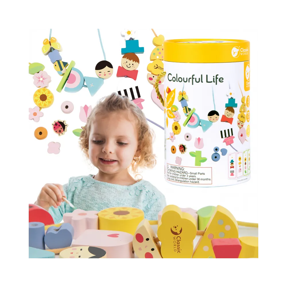 CLASSIC WORLD Drewniane Klocki do Nawlekania Ubieranie Dzieci 73 el.