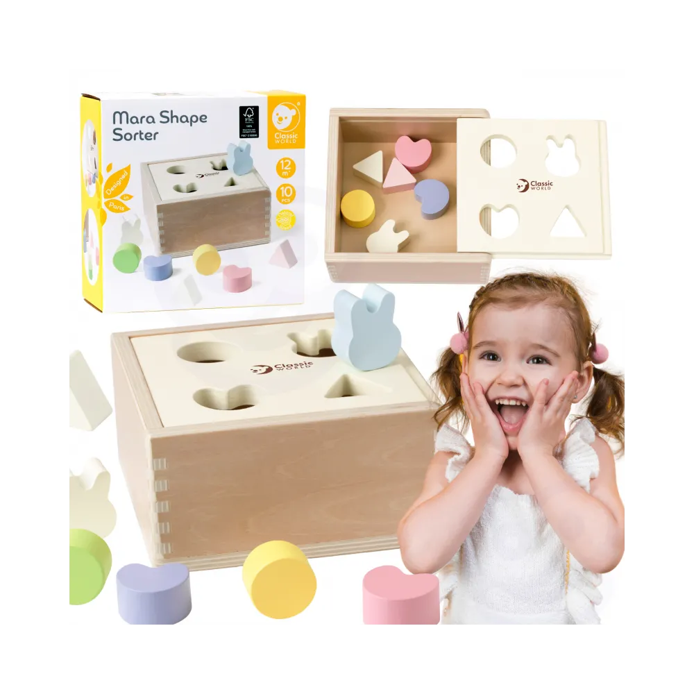 Drewniany sorter kształtów dla dzieci z kolorowymi klockami