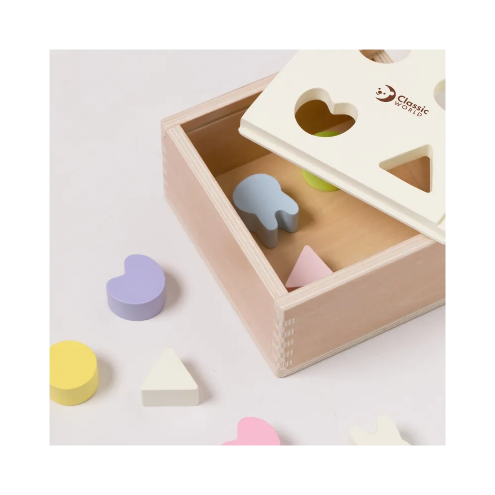 Kolorowe klocki i pudełko do sortowania kształtów