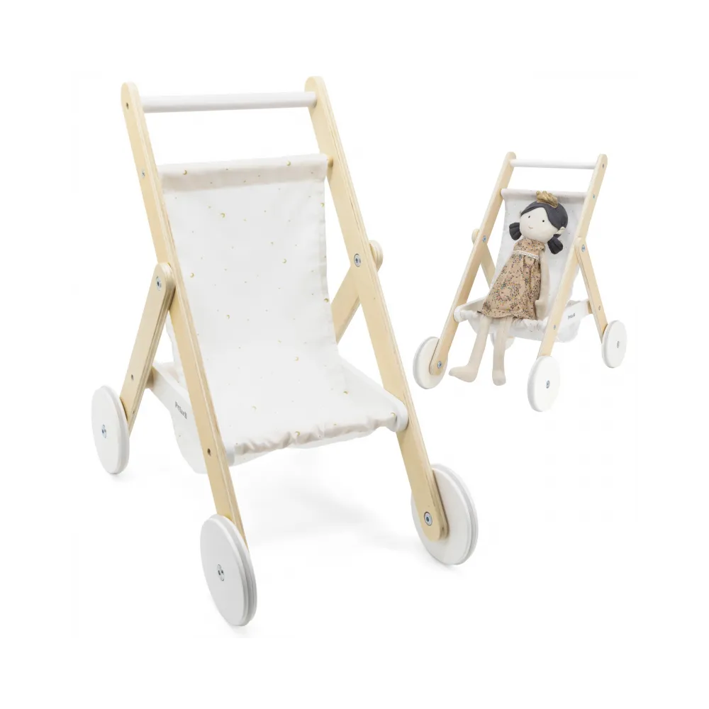 Drewniany wózek dla lalek VIGA PolarB z motywem gwiazd i księżyca