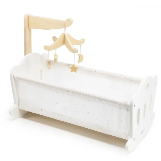 Drewniana łóżeczko dla lalek z akcesoriami