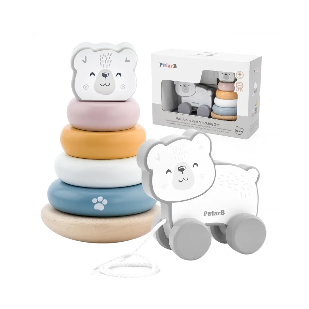 VIGA PolarB Zestaw Miś Polarny Drewniana Piramidka + Miś Polarny do Ciągnięcia