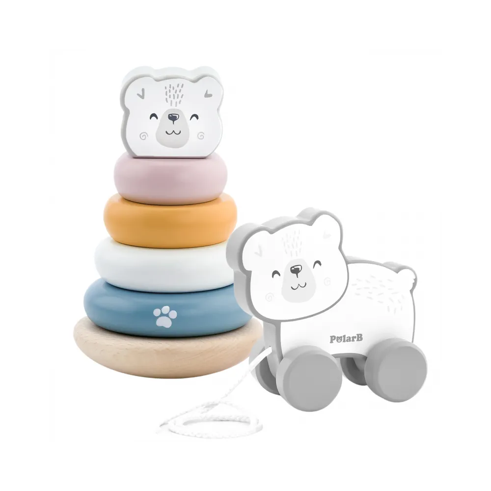 VIGA PolarB Zestaw Miś Polarny Drewniana Piramidka + Miś Polarny do Ciągnięcia