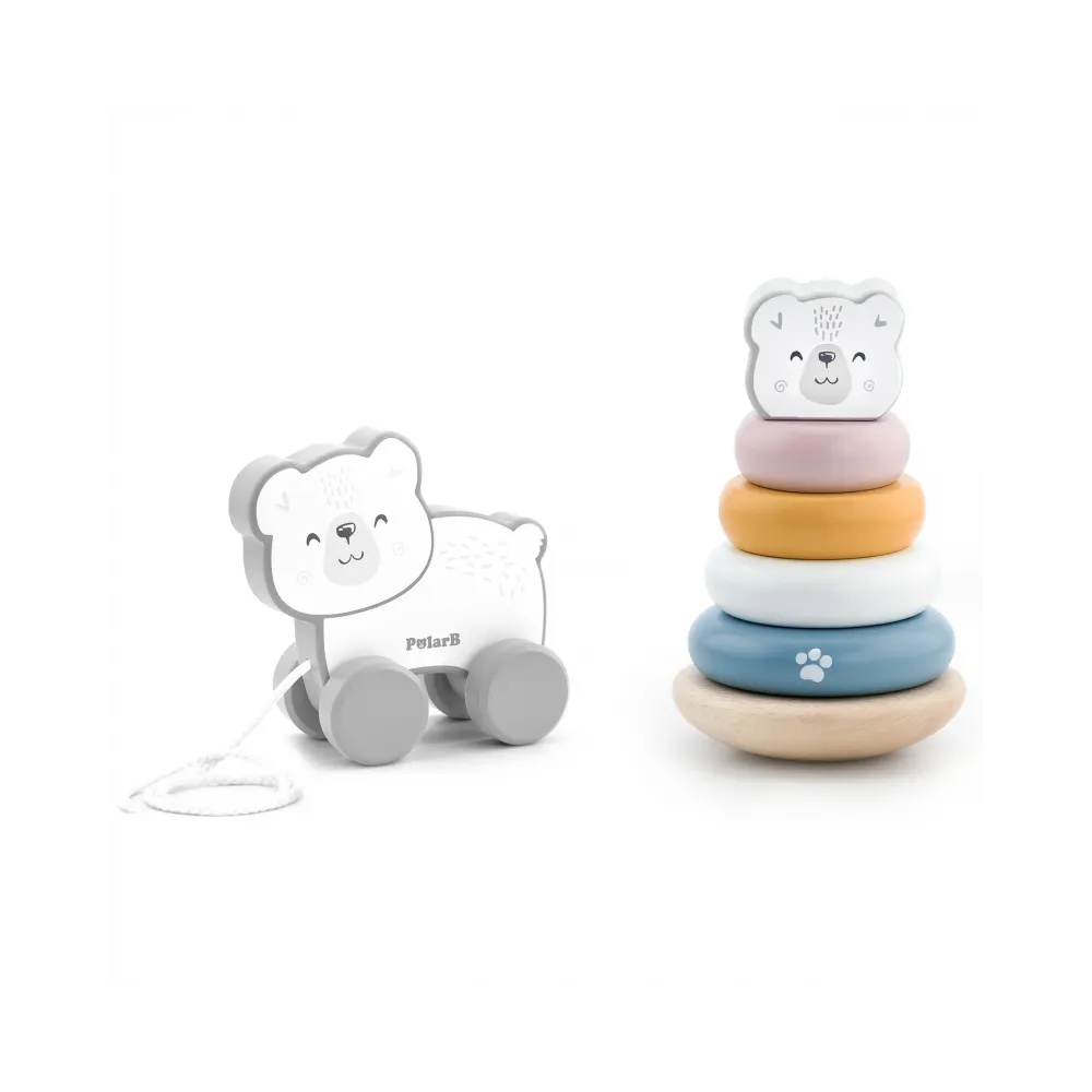 VIGA PolarB Zestaw Miś Polarny Drewniana Piramidka + Miś Polarny do Ciągnięcia