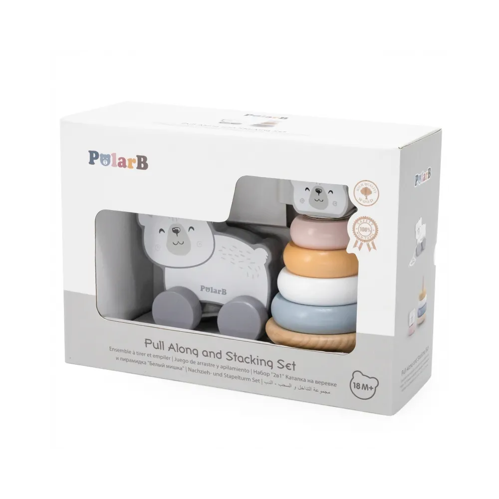 VIGA PolarB Zestaw Miś Polarny Drewniana Piramidka + Miś Polarny do Ciągnięcia