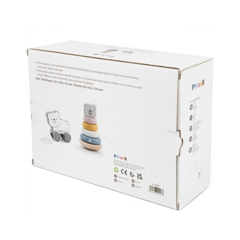 VIGA PolarB Zestaw Miś Polarny Drewniana Piramidka + Miś Polarny do Ciągnięcia