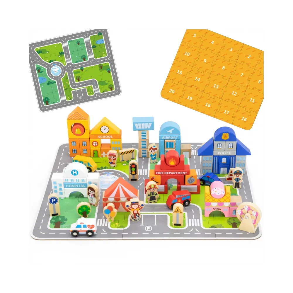 VIGA Zestaw Drewniany Budowanie Miasta Klocki Plansza Figurki