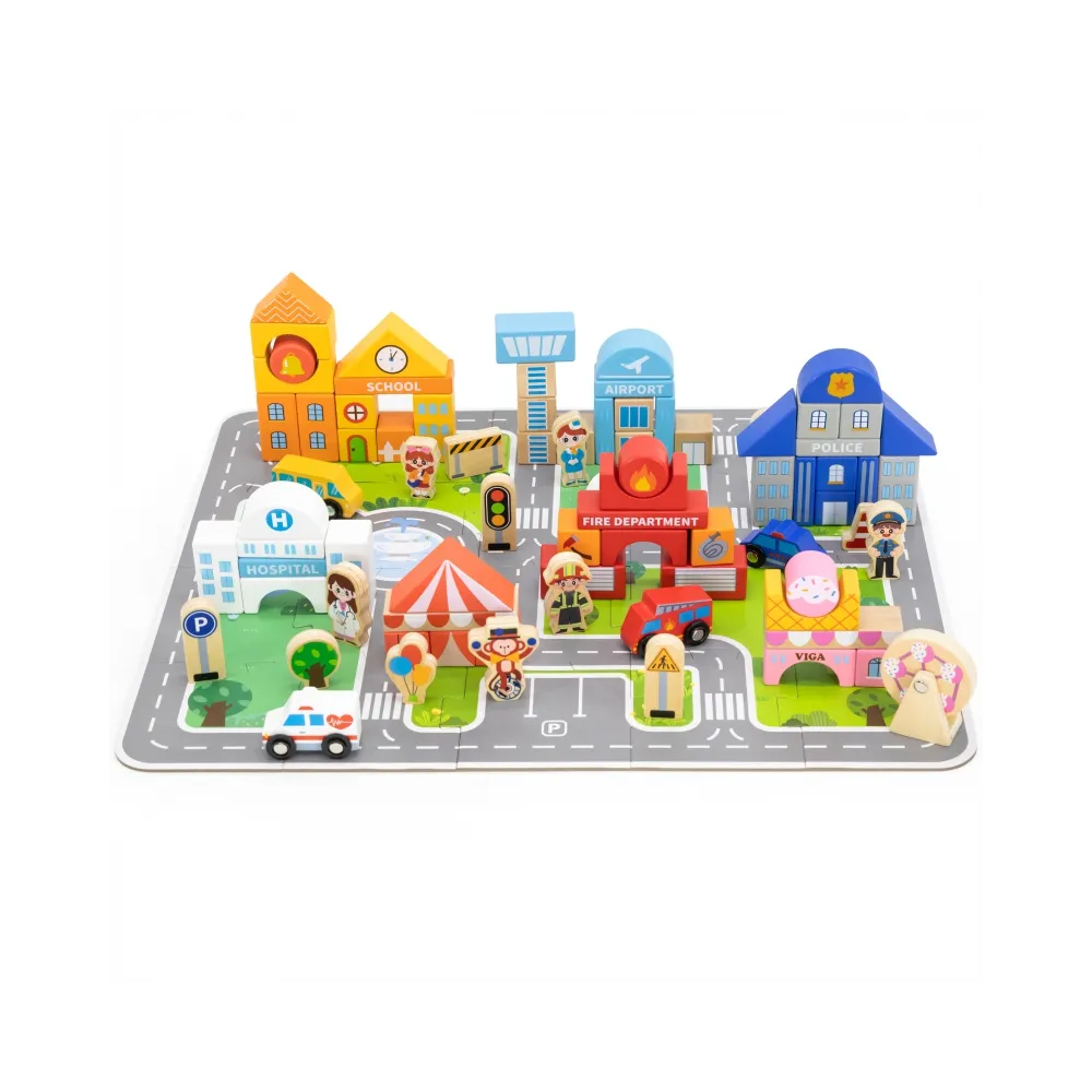 VIGA Zestaw Drewniany Budowanie Miasta Klocki Plansza Figurki