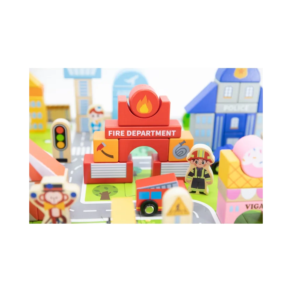 VIGA Zestaw Drewniany Budowanie Miasta Klocki Plansza Figurki