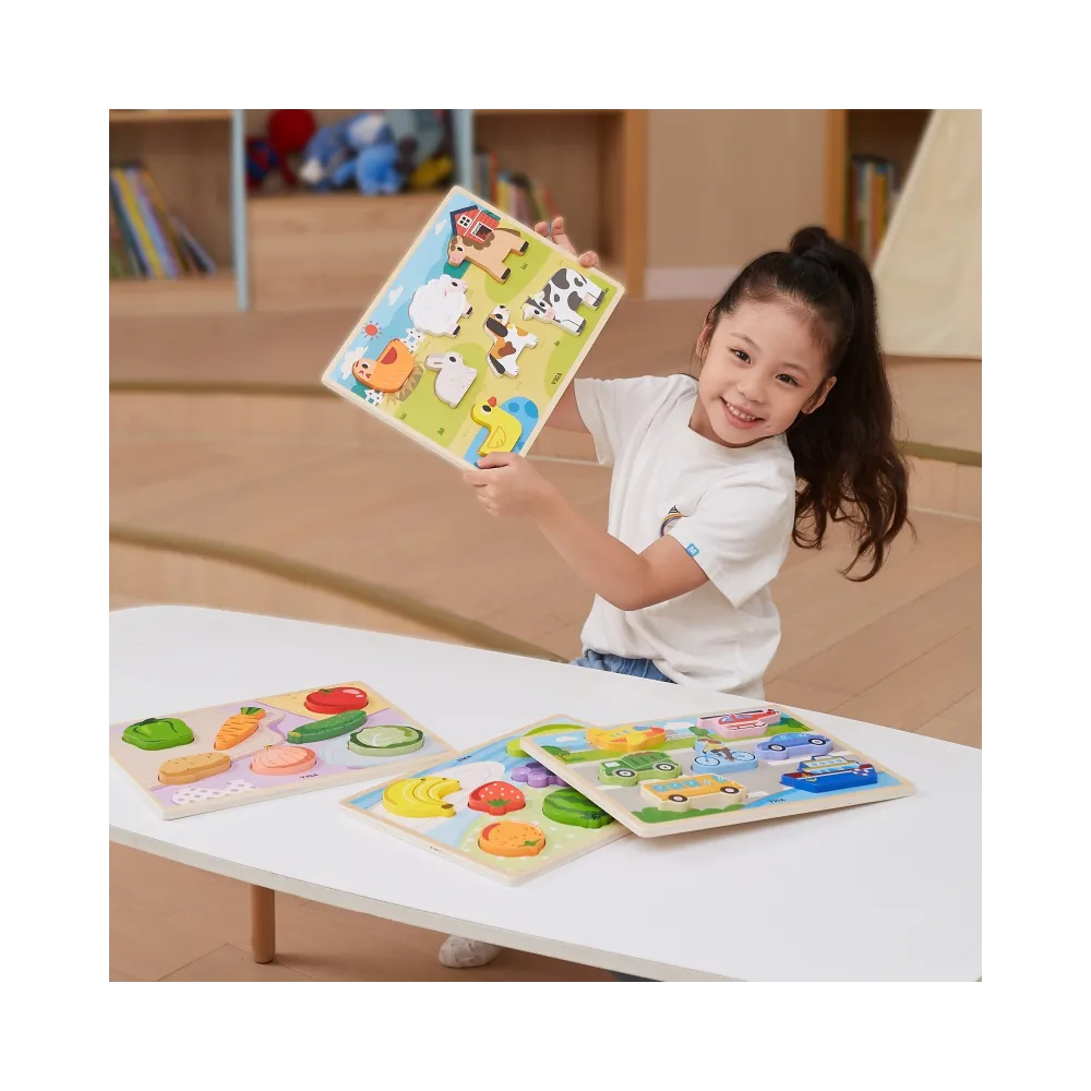 VIGA Drewniane Puzzle Układanka Montessori 2w1 Figurki Owoce