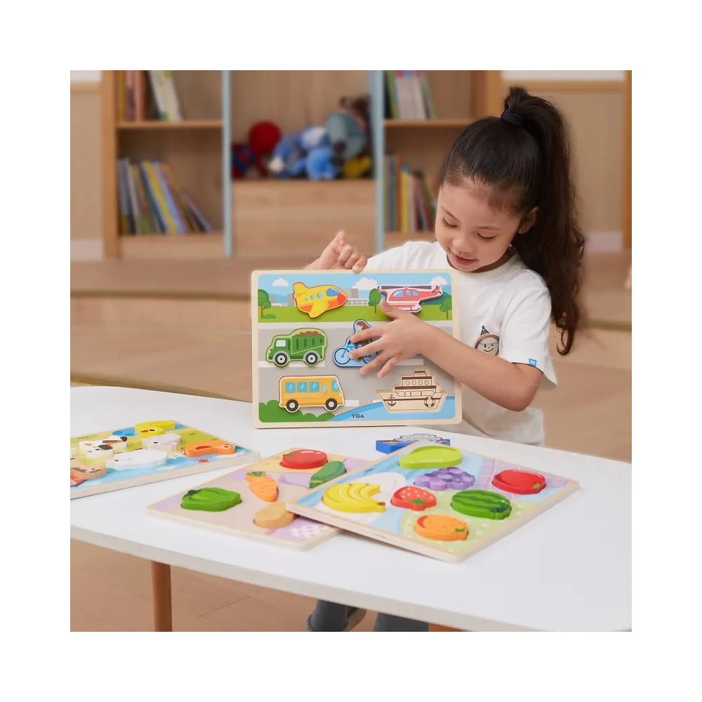 VIGA Drewniane Puzzle Układanka Montessori 2w1 Figurki Owoce