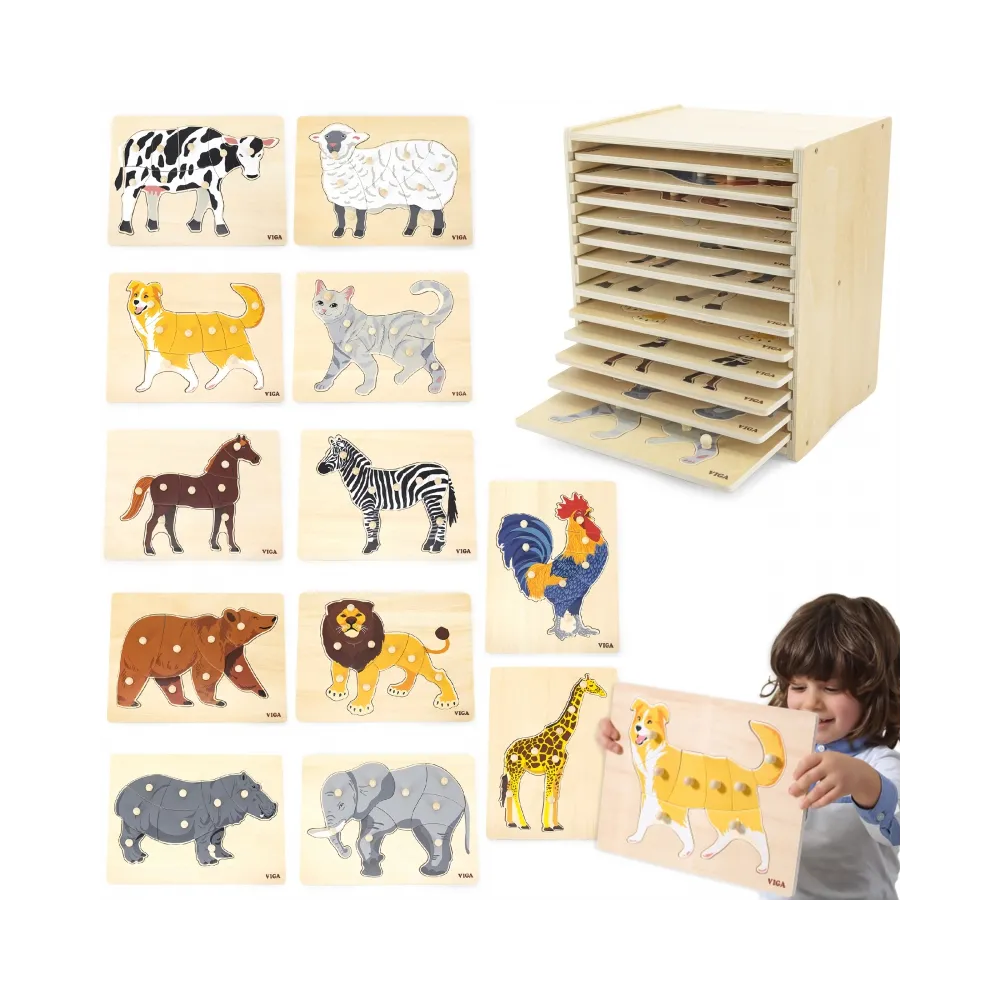 VIGA Zestaw Puzzle Drewniane 12 Układanek Zwierzątka Montessori + Stojak