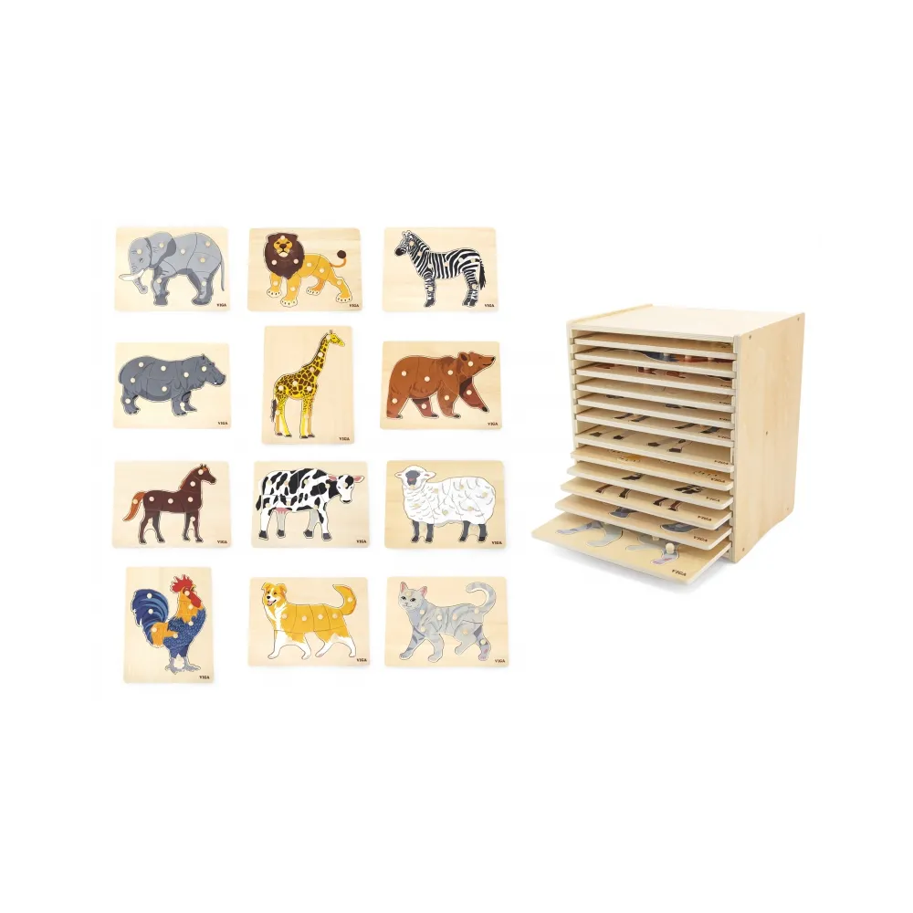 VIGA Zestaw Puzzle Drewniane 12 Układanek Zwierzątka Montessori + Stojak