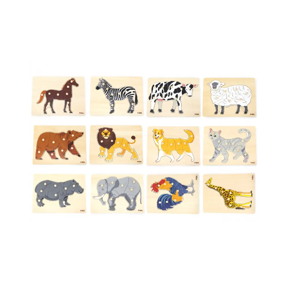VIGA Zestaw Puzzle Drewniane 12 Układanek Zwierzątka Montessori + Stojak