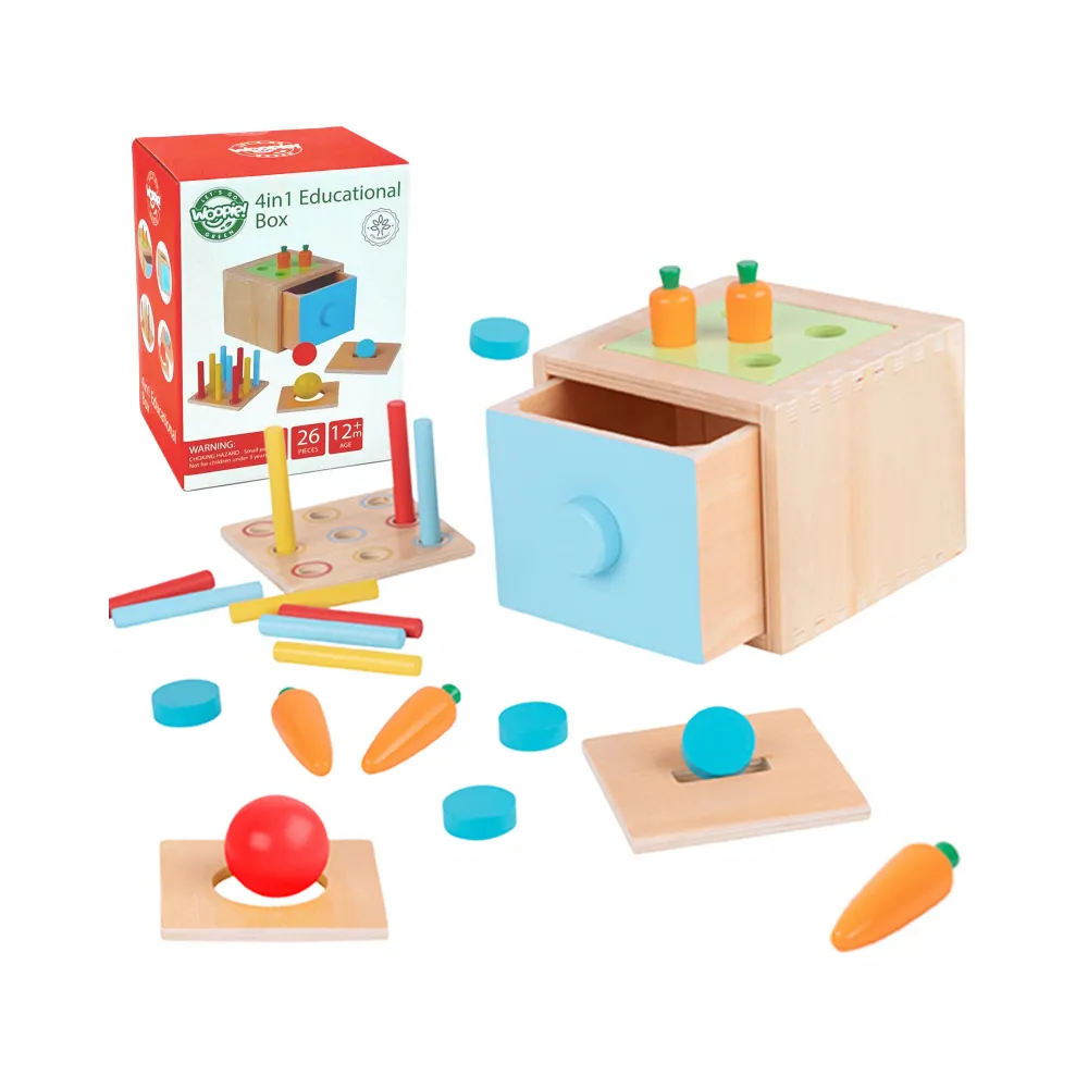 WOOPIE GREEN Drewniana Szuflada Edukacyjna 4w1 Sorter Montessori Gra w Marchewki FSC