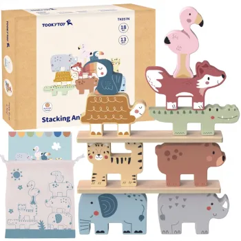 TOOKY TOY Drewniane Klocki Układanka Wieża Stacker Stosy Zwierzątka Montessori 13 el.