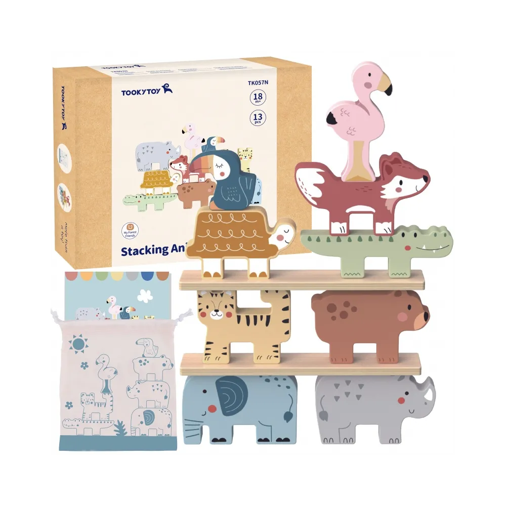 TOOKY TOY Drewniane Klocki Układanka Wieża Stacker Stosy Zwierzątka Montessori 13 el.