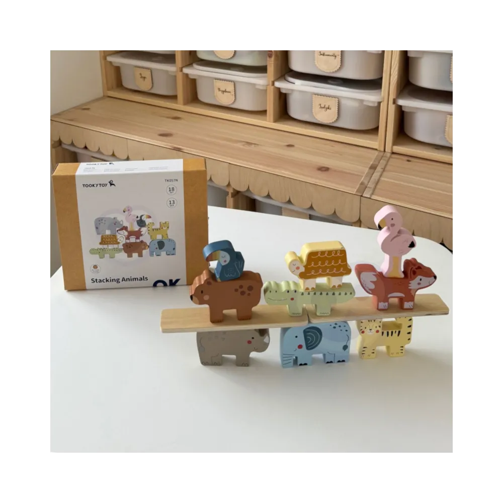 TOOKY TOY Drewniane Klocki Układanka Wieża Stacker Stosy Zwierzątka Montessori 13 el.