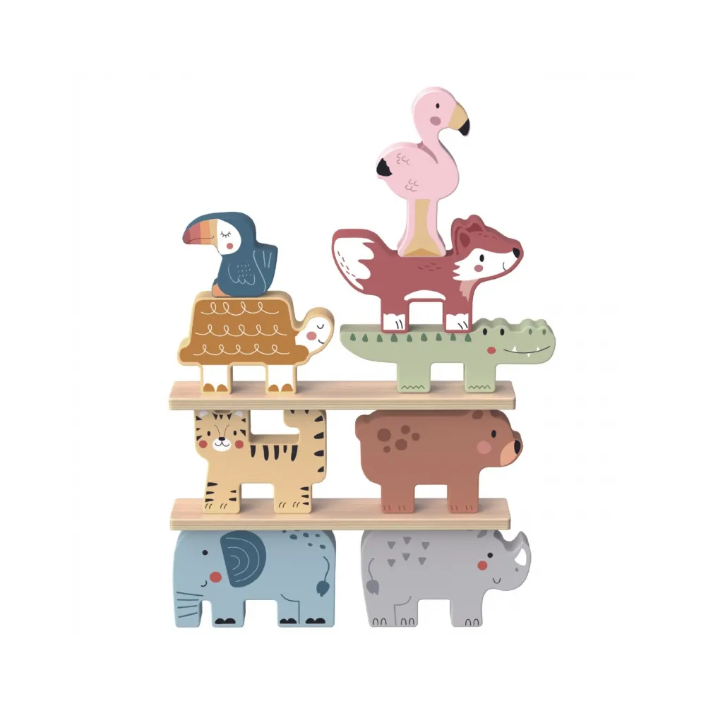 TOOKY TOY Drewniane Klocki Układanka Wieża Stacker Stosy Zwierzątka Montessori 13 el.