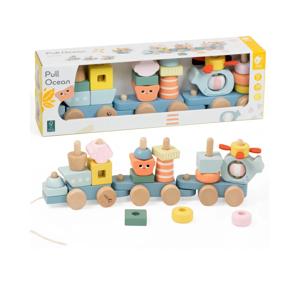 Drewniana kolejka do zabawy rozwijająca zdolności manualne.