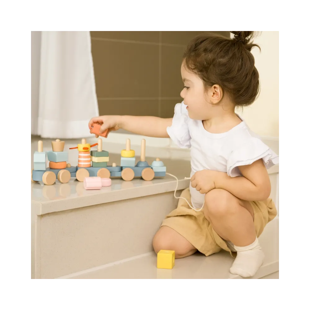 Kreatywna drewniana zabawka do nauki kształtów i kolorów.