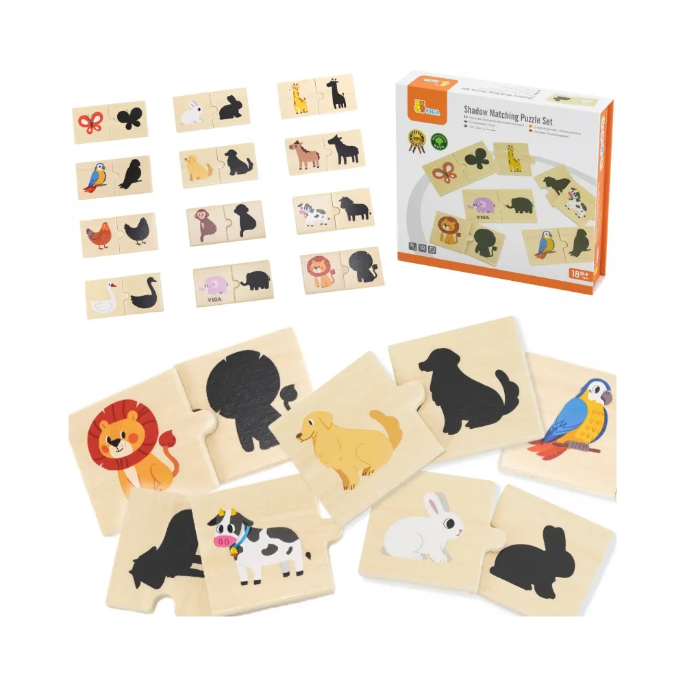 VIGA Zestaw Drewniane Puzzle Układanka Zwierzątka Dopasuj Cienie
