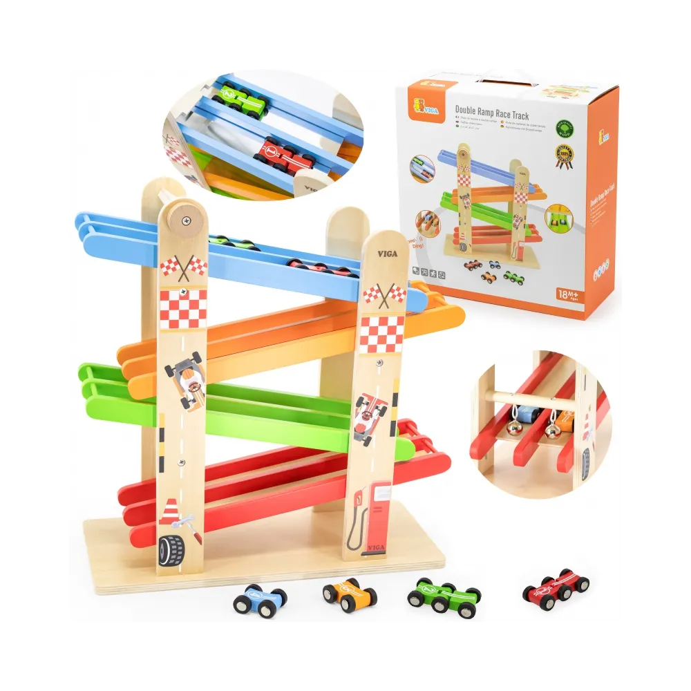 VIGA Drewniana Podwójna Zjeżdżalnia Dla Samochodzików Tor Wyścigowy