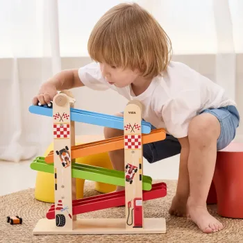 VIGA Drewniana Podwójna Zjeżdżalnia Dla Samochodzików Tor Wyścigowy