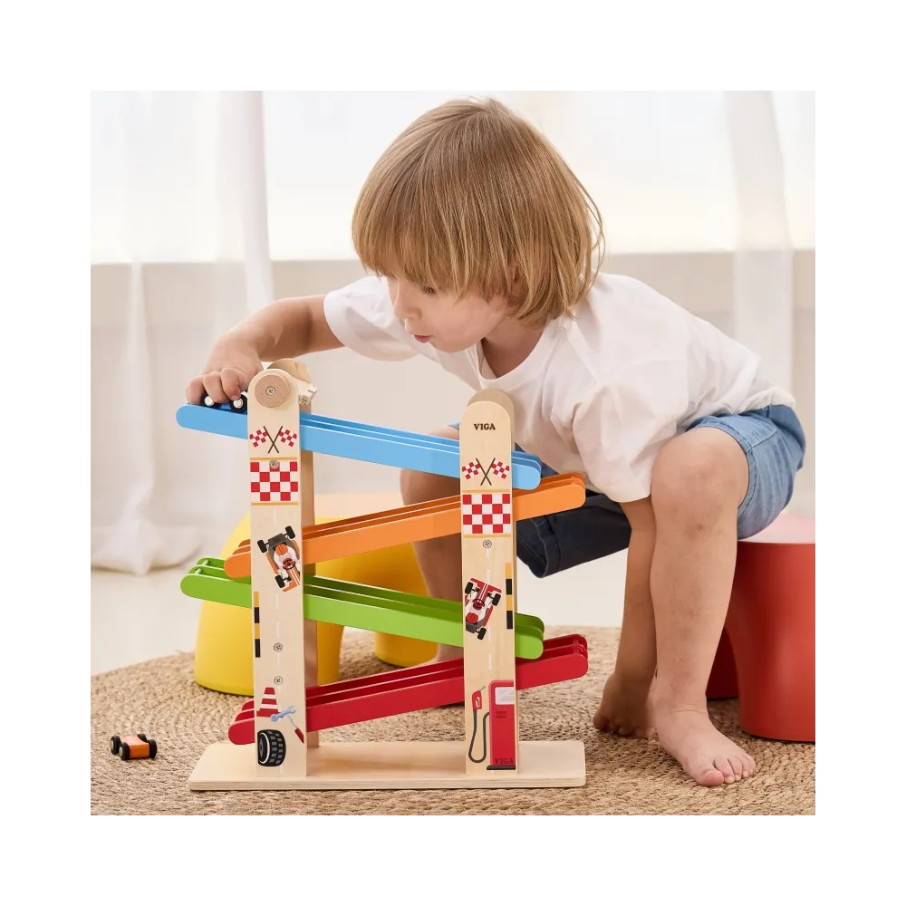 VIGA Drewniana Podwójna Zjeżdżalnia Dla Samochodzików Tor Wyścigowy