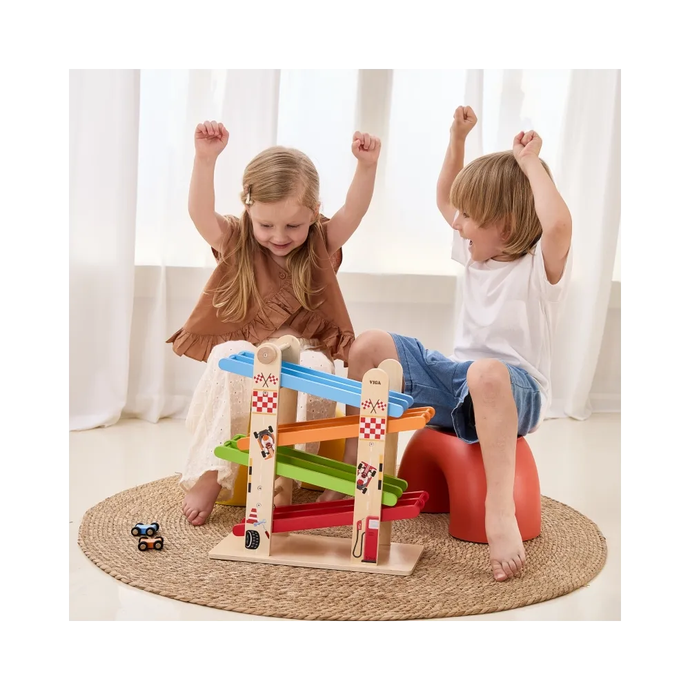 VIGA Drewniana Podwójna Zjeżdżalnia Dla Samochodzików Tor Wyścigowy