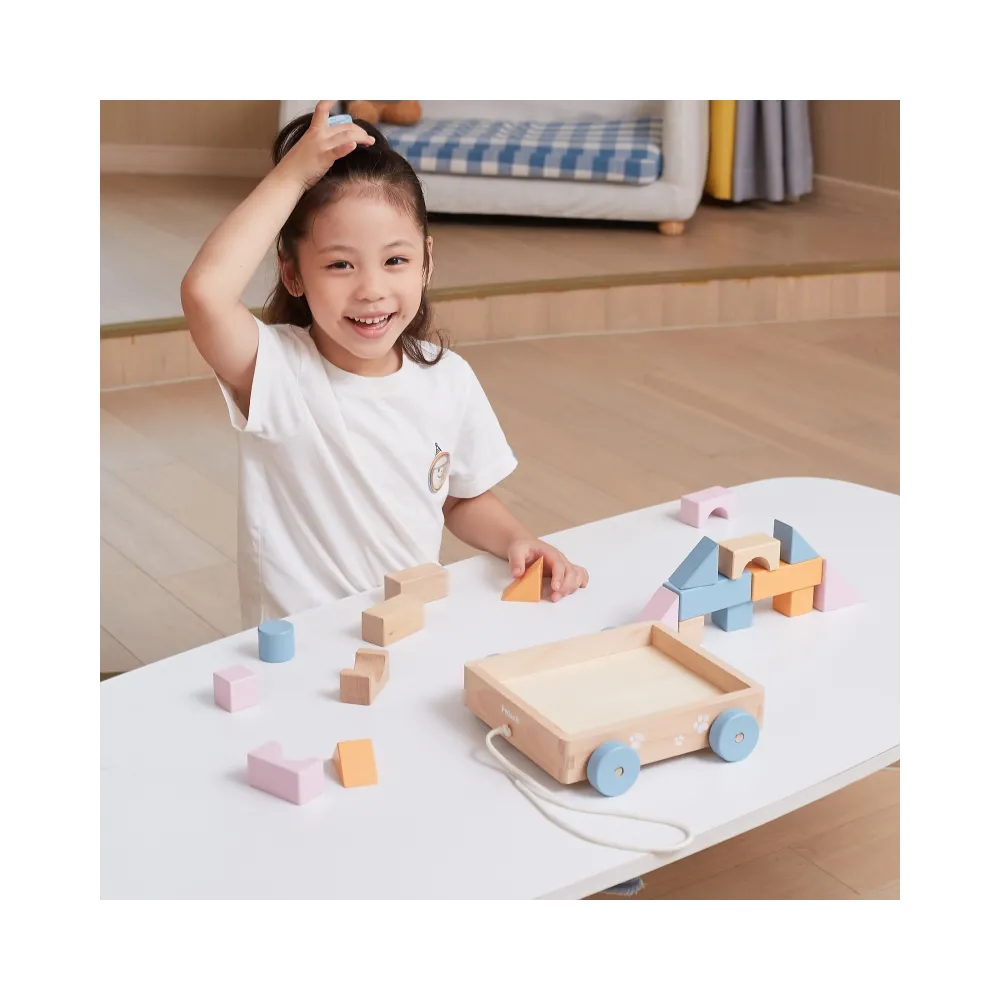 VIGA PolarB Drewniany Wózek do Ciągnięcia + Klocki 21 el.