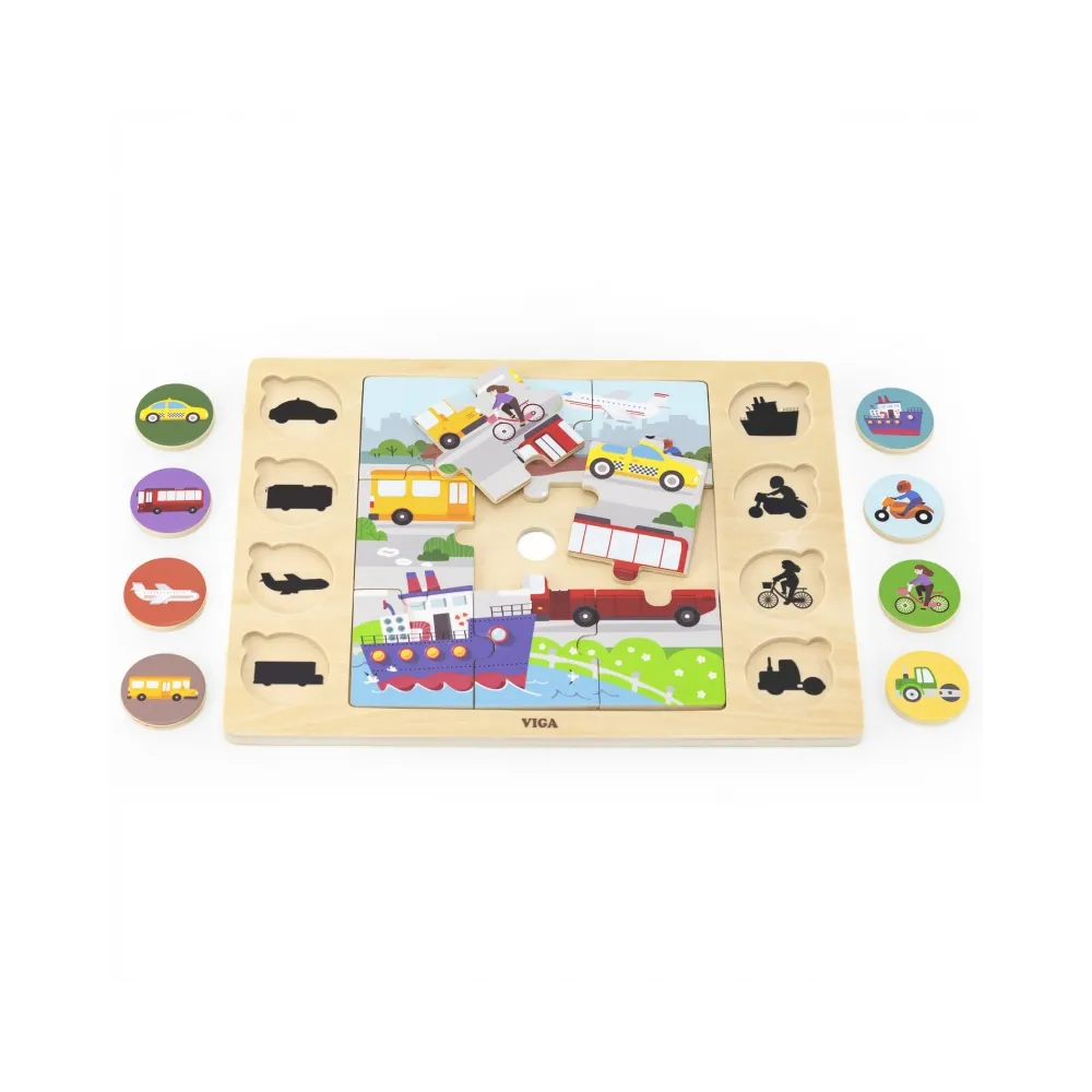 VIGA Drewniane Puzzle Odgadnij po Cieniu - Środki Transportu Układanka 17 el.