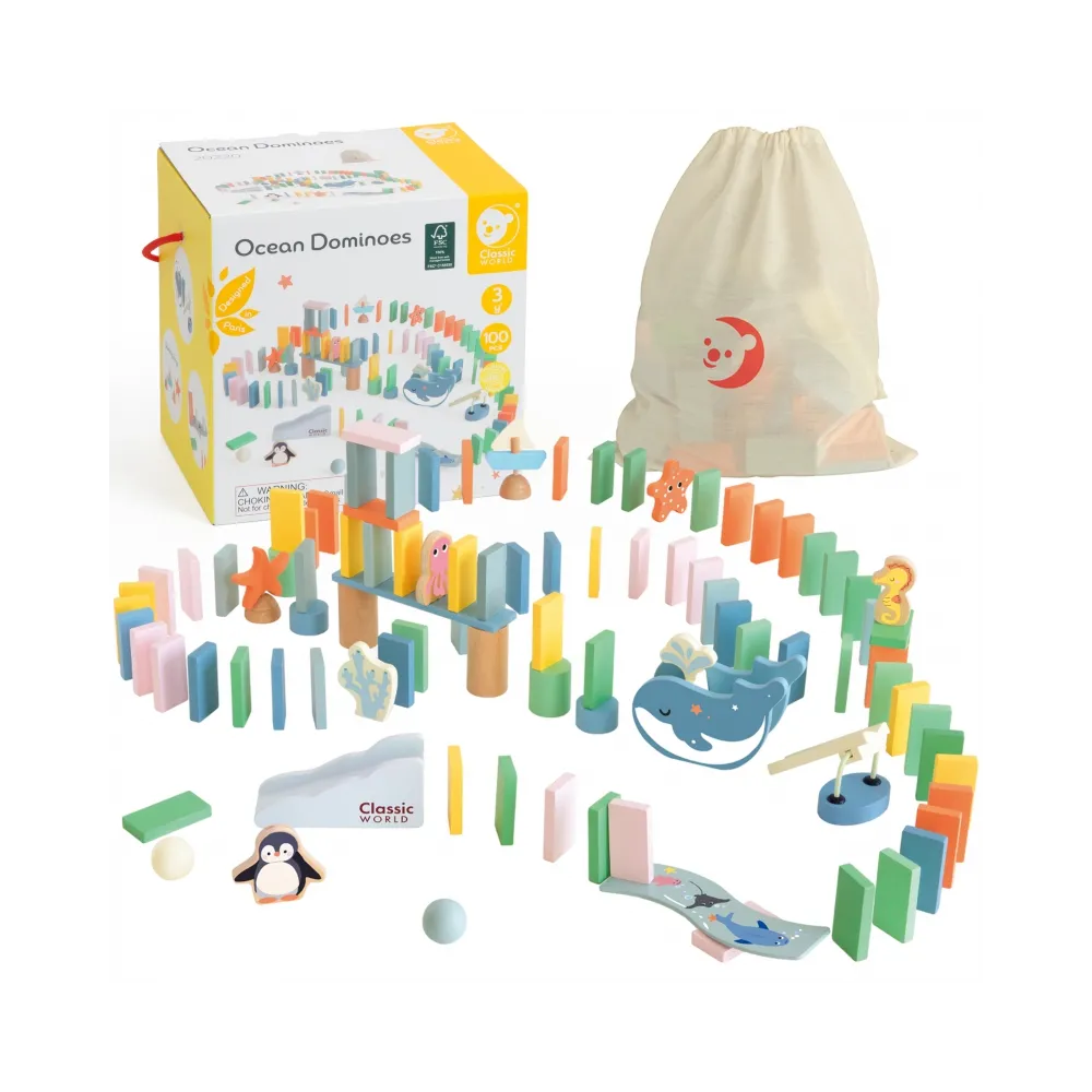 CLASSIC WORLD Drewniane Domino Tor Logiczny Przeszkód Układanka Montessori 100 el.