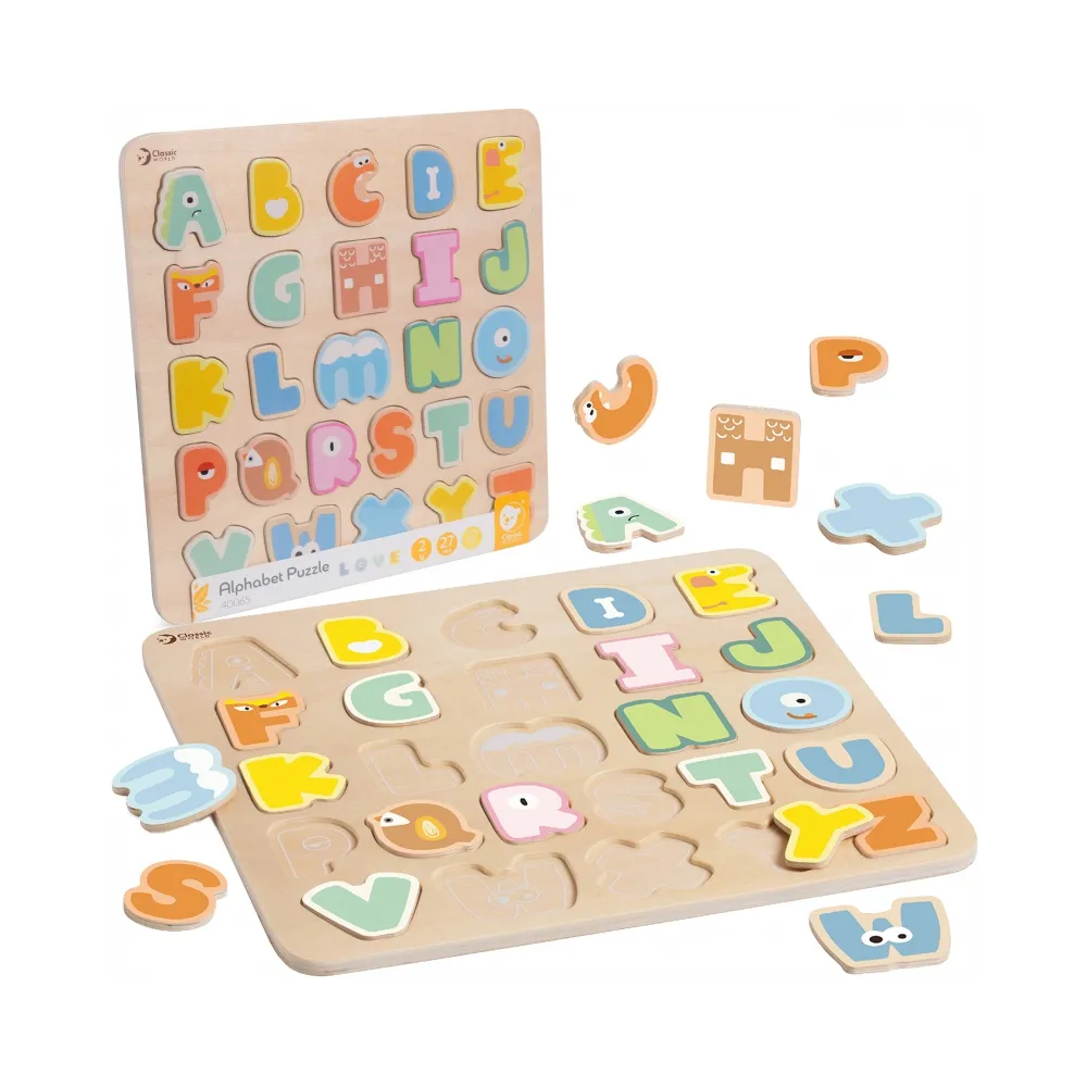 CLASSIC WORLD Drewniane Puzzle Montessori Układanka Nauka Alfabetu Liter Słów 27 el.