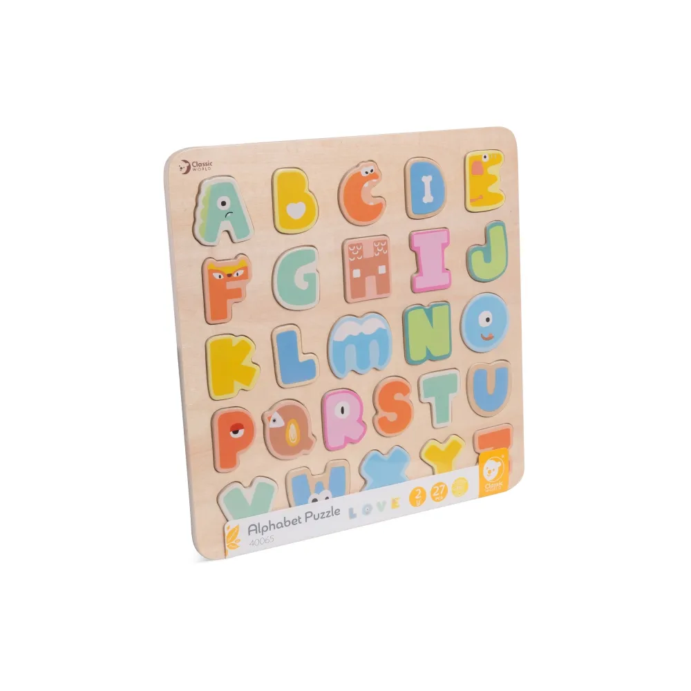 CLASSIC WORLD Drewniane Puzzle Montessori Układanka Nauka Alfabetu Liter Słów 27 el.