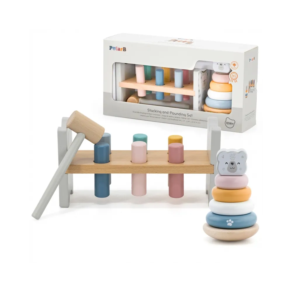 VIGA PolarB Zestaw Drewniana Piramidka + Przebijanka z Młoteczkiem Miś Polarny Montessori