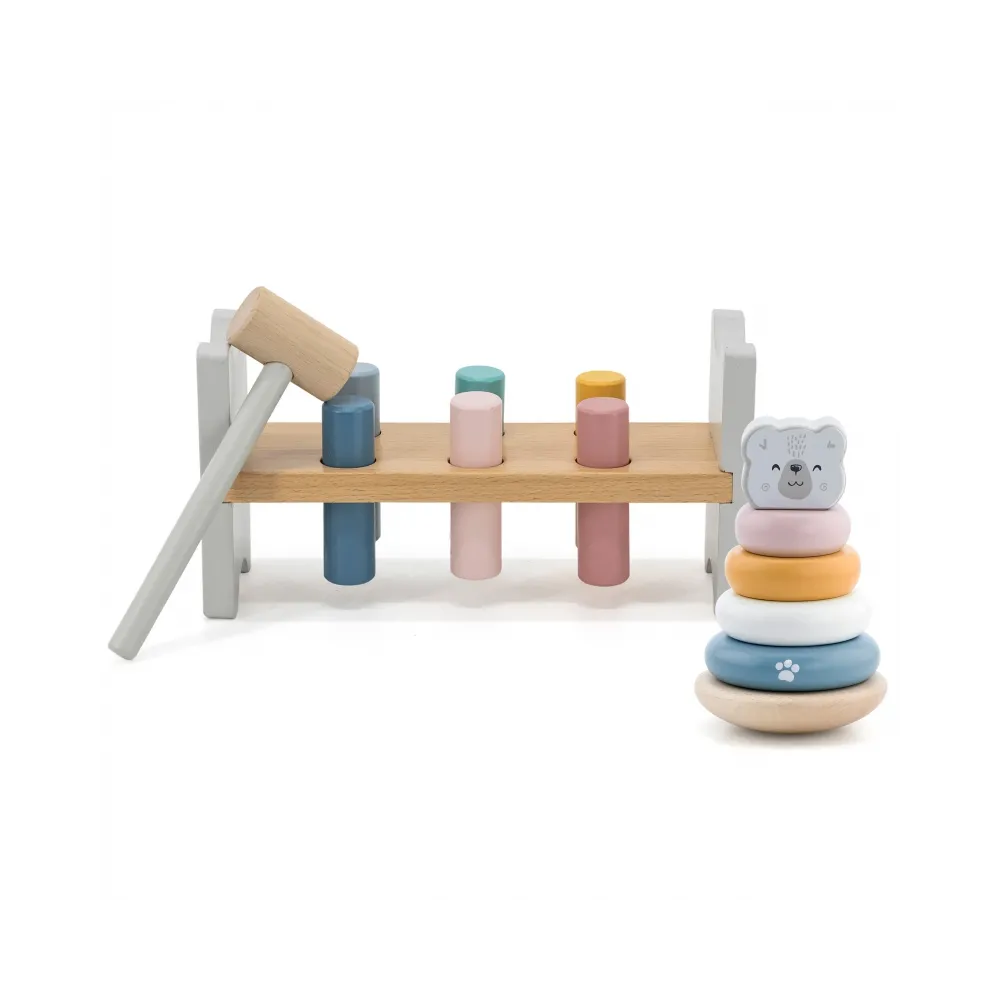 VIGA PolarB Zestaw Drewniana Piramidka + Przebijanka z Młoteczkiem Miś Polarny Montessori