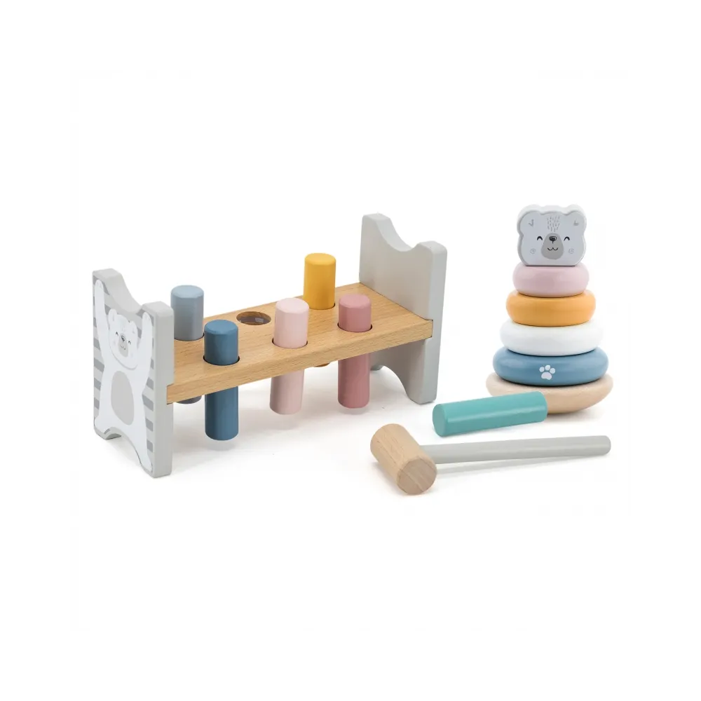 VIGA PolarB Zestaw Drewniana Piramidka + Przebijanka z Młoteczkiem Miś Polarny Montessori