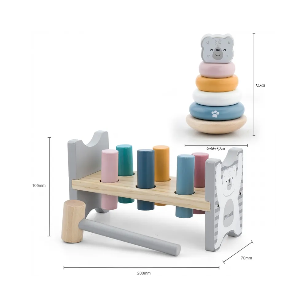 VIGA PolarB Zestaw Drewniana Piramidka + Przebijanka z Młoteczkiem Miś Polarny Montessori