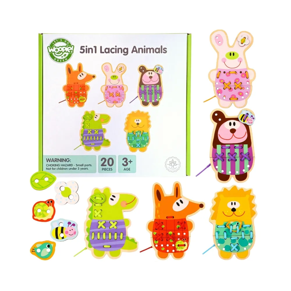WOOPIE GREEN Drewniana Sznurowanka 5w1 Zwierzątka do Nawlekania