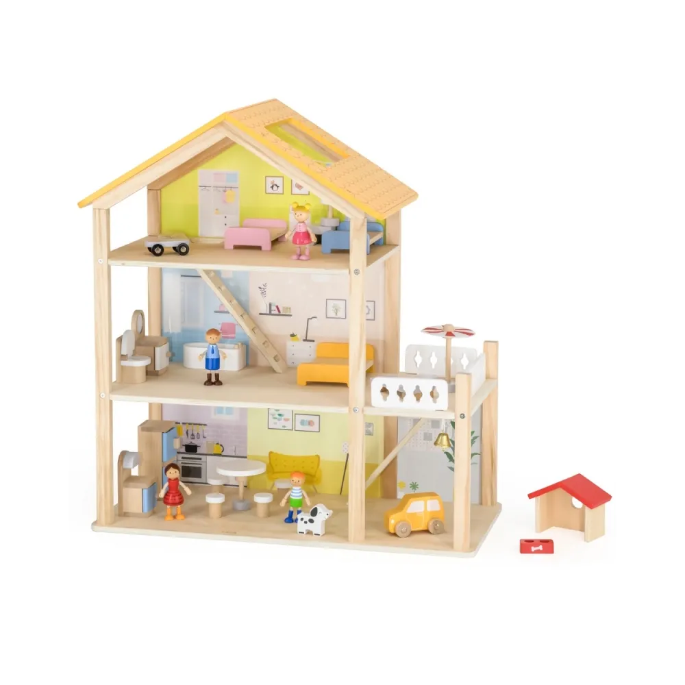 VIGA Zestaw Drewniany Domek dla Lalek z Laleczkami i Akcesoriami