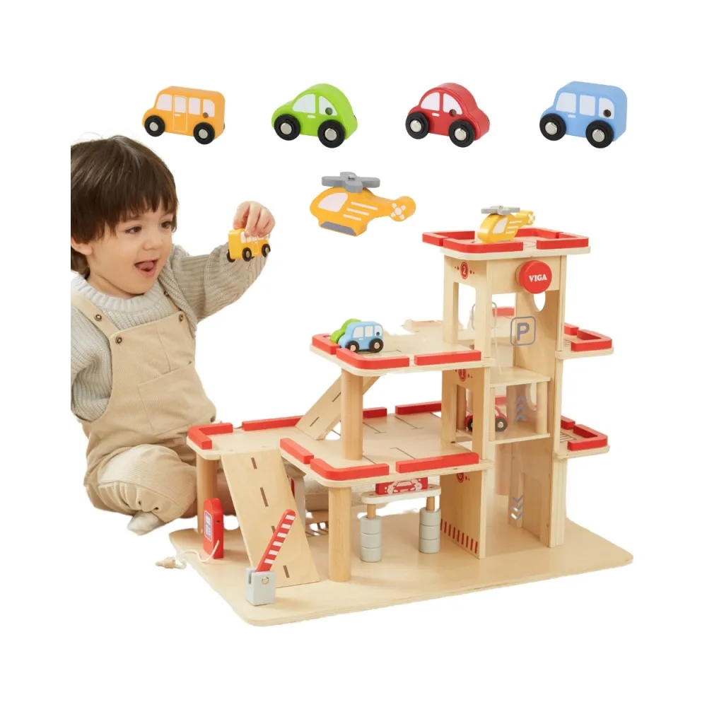 VIGA Drewniany Parking dla Samochodzików z Windą 4 Autka Helikopter