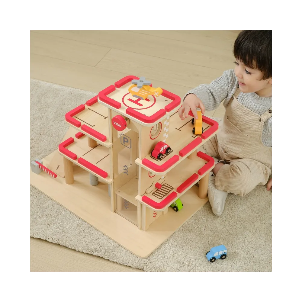 VIGA Drewniany Parking dla Samochodzików z Windą 4 Autka Helikopter