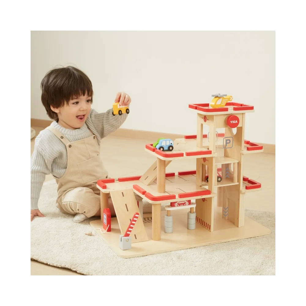 VIGA Drewniany Parking dla Samochodzików z Windą 4 Autka Helikopter