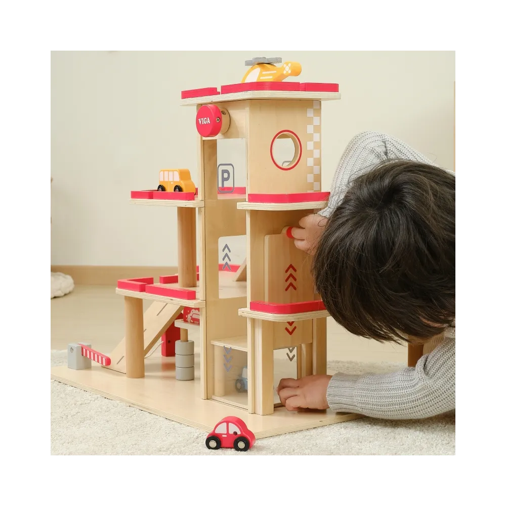 VIGA Drewniany Parking dla Samochodzików z Windą 4 Autka Helikopter