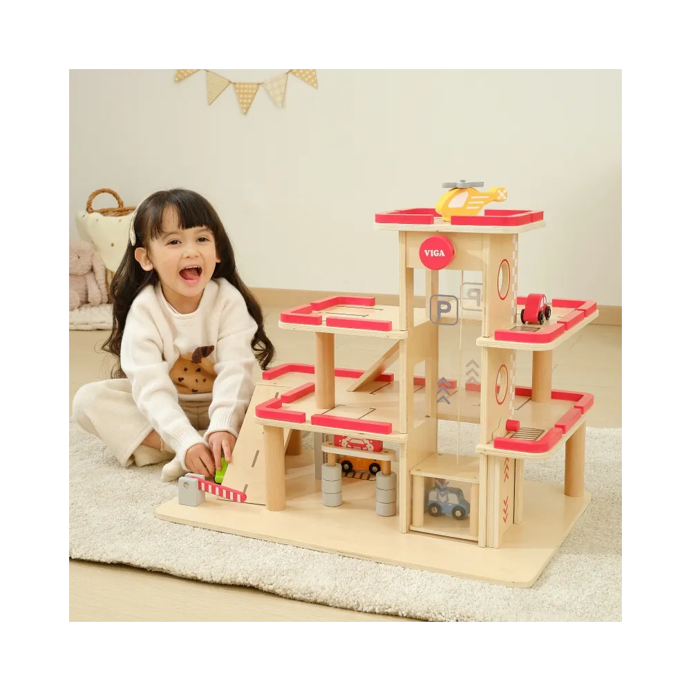 VIGA Drewniany Parking dla Samochodzików z Windą 4 Autka Helikopter