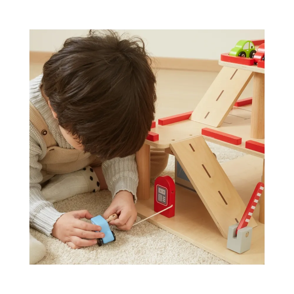 VIGA Drewniany Parking dla Samochodzików z Windą 4 Autka Helikopter